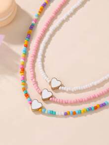 NAIZHU 3pcs/Set Heart-Shaped Seed Bead Necklace Set, Daily Holiday Party Accessories, Girls Gift, Random Color - Multicolor - View 3