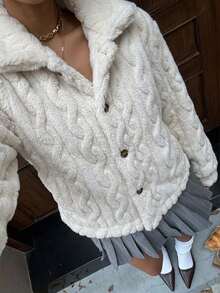 Jaket Pendek Wanita Warna Polos Musim Gugur/Dingin, Kerah Bulu Dua Sisi, Kancing Depan, Warna Putih - Putih - View 2