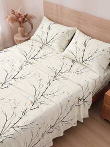 4-Piece Beige Plum Blossom Floral Pattern Bedding Set, Easy Care Soft Bedding Kit, Floral Fitted Sheet Set (1 Flat Sheet + 1 Fitted Sheet + 2 Pillowcases), Deep Pocket Fits Up To 11.8 Inches, Soft And Breathable, Back To School Dorm Bedding Set - Multicolor - View 5