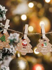 Vintage Christmas Tree Shaped Slogan Pattern Gift Tags With Rope, Santa Claus & Snowman Pattern Paper Gift Decoration Labels, Suitable For Christmas Party Gifts, Christmas - Multicolor - View 4