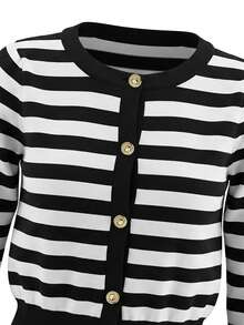 Women's Slim Fit Short Knit Cardigan Top, Striped Sweater, Casual Versatile Jacket For Autumn/Winter Fall - Black and White Stripes - View 8