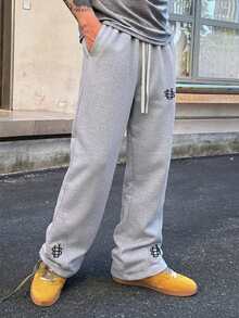 Men's American Lazy Style Floral Gray Wide Leg Sweatpants, 3D Pleated Elastic Drawstring Drape Floor-Length Loose Straight Leg Casual Sports Long Pants - Light Grey - View 3