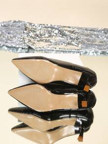  Ladies Fashion Pointed Toe Block Heel Shoes Metal Square Ornament Slip On Daily Work Party Pumps - Black - View 3