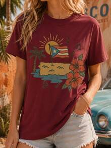Women's Casual Cotton Round Neck Short Sleeve T-Shirt With Puerto Rico Island Graphic For Summer Style - 酒紅色 - 查看 1