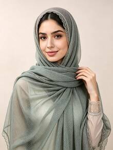 1pc Women's Romantic Lace Trim Headscarf, Bow Ribbon, Lightweight Breathable Soft Scarf, Muslim Islamic Style Daily Wear Hijab Shawl Plaid Sheer Headscarf - Multicolor - View 3