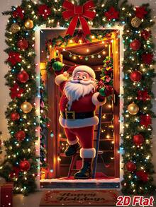 1pc Christmas Door Cover Banner With Santa Claus Hanging Colorful Lights Design, Merry Christmas Hanging Flag, Welcome Porch Sign Decor, Merry Christmas Decoration, Xmas Decor, Holiday Party Supplies, Christmas Photo Backdrop Decoration, Indoor/Outdoor Door & Wall Decor, Winter Home Decor - Type a - View 5