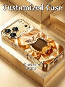 1pc DIY Customized Name Satin Texture 2D Printed Gold Apple Pattern, Tempered Glass Electroplated Gold Edge Full Coverage Phone Case Compatible With Apple 17ProMax/16 Pro Max/15/14 Plus/13 Pro/12 Pro Max/11/XsMax/8/7/6Plus, Fashion, Colorful, Cute, Fun, Minimalist, Matching Phone Accessory - Gold - View 1