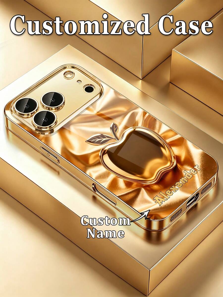 1pc DIY Customized Name Satin Texture 2D Printed Gold Apple Pattern, Tempered Glass Electroplated Gold Edge Full Coverage Phone Case Compatible With Apple 17ProMax/16 Pro Max/15/14 Plus/13 Pro/12 Pro Max/11/XsMax/8/7/6Plus, Fashion, Colorful, Cute, Fun, Minimalist, Matching Phone Accessory - Gold - View 1