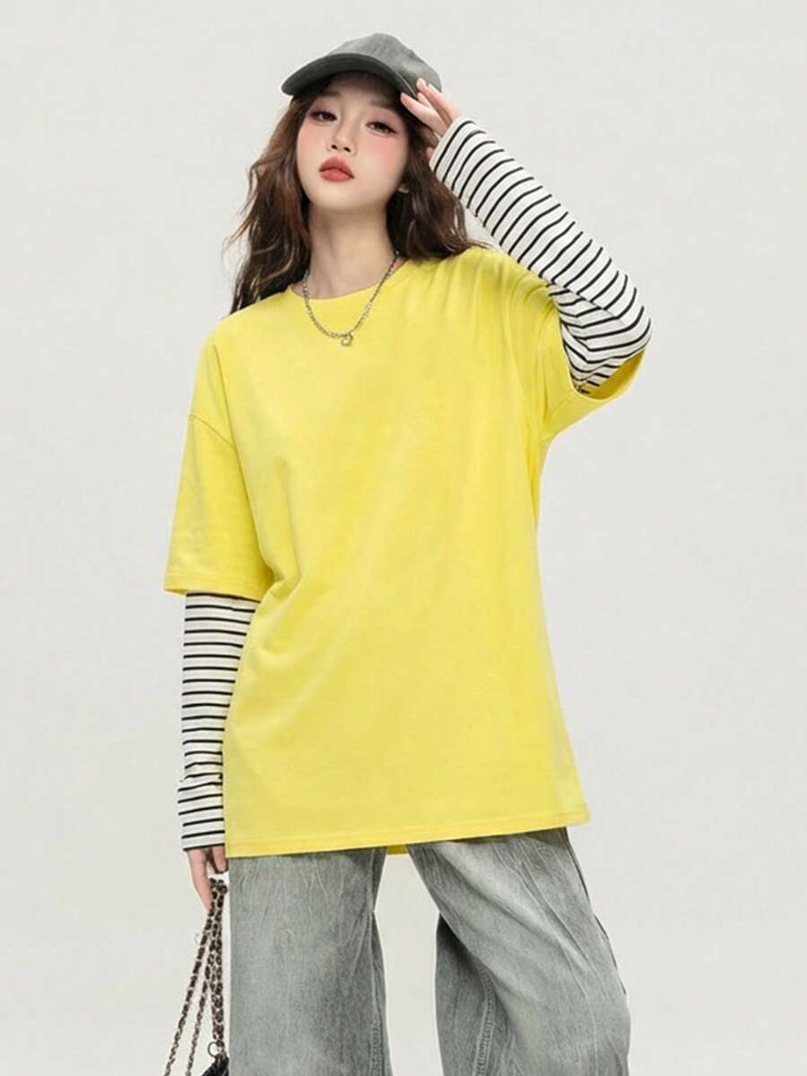 JUTU Spring New Loose Round Neck Striped Patchwork Sleeve T-Shirt 2 In 1 Yellow & White Sweet Elegant Youthful Girls Comfortable Long Sleeve Top - Yellow and White - View 1