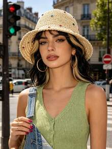 Women's Colorful Rhinestone Decorated Hollow Beach Straw Hat, Spring/Summer Sun Protection Beach Hat, Suitable For Vacation, Daily Wear, Photography And Dressing - Multi-color - Rhinestone - View 9