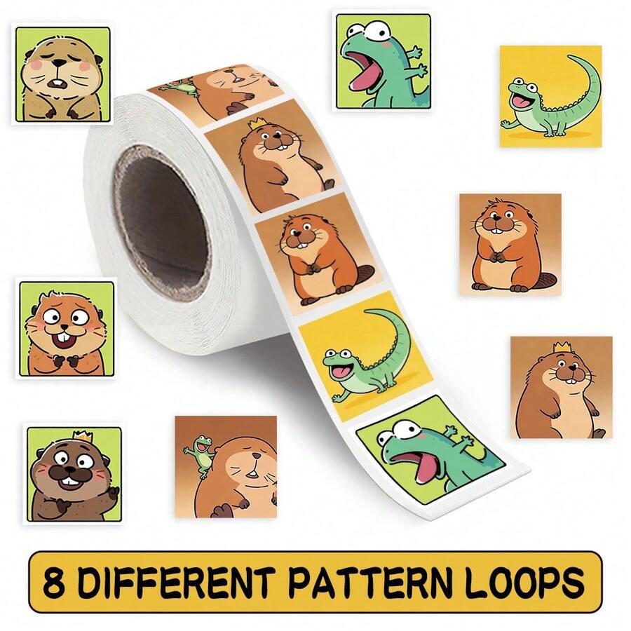 500pcs Cute Cartoon Square Sticker Roll, Kawaii Beaver Frog Lizard Animal Sticker, Self-Adhesive Waterproof Labels With Different Designs, Used For Gift Sealing, Scrapbook, DIY Crafts, Packaging Decoration. - Multicolor - View 1