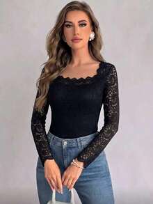 1pc Solid Color Knit Fabric Lace Patchwork Elegant Women's Long Sleeve Square Neck Top For Daily Wear And Dating In Autumn/Winter - Black - View 4
