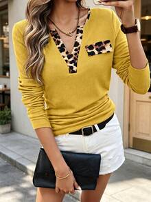 Women's Solid Color Leopard Patchwork Simple Daily Sweetheart Collar Long Sleeve T-Shirt Graphic Cheetah Print Tees Women Tops For Spring Outfit - Yellow - View 1