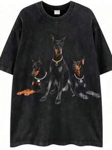 2026 New Arrival Summer Unisex Cerberus Doberman Graphic T-Shirt,Sleeve Tee, Gothic Three-Headed Dog Print Oversized Top For Streetwear - 黑2 - 查看 7