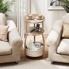 Small Side Table For Living Room With Storage Basket, 11.8 X24 In |   3 Tier Space Saving Round Side Table Nightstand, Couch Corner Stand For Sofa, Bedroom, Patio And Dorn Light Oak, Farmhouse - Light Oak - View 3