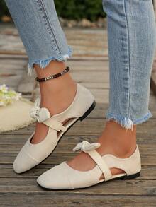 Women's French Style Mary Jane Shoes, Side Cutout Single Strap With Bow, Low Vamp, Patchwork Square Toe, Comfortable Lightweight Fashionable Flat Shoes - Off-white - View 13