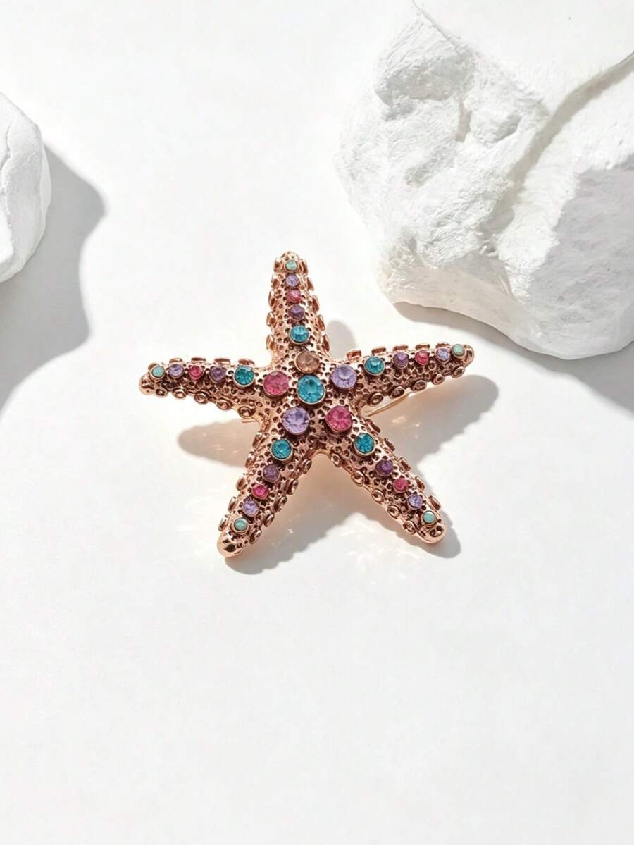Oil Drop Marine Life Brooch, Starfish Shell Fashion Pin With Rhinestone And Pearl Embellishments - Orange Starfish - View 1