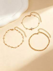 3pcs Handmade Cross Chain Decor Four-Leaf Flower Layered Gold Chain Anklet, Suitable For Daily Wear, Dates And Photo Shoots. Chain Length Customizable - Gold - View 2