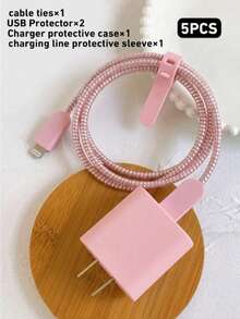 5 buah Casing Pelindung Charger Anti-Jatuh TPU Warna Pink Solid Matte, Penggulung Kabel Kompatibel dengan Charger Apple 18W/20W, Aksesori Digital Warna Solid Minimalis Premium - Bubuk lulur - View 4
