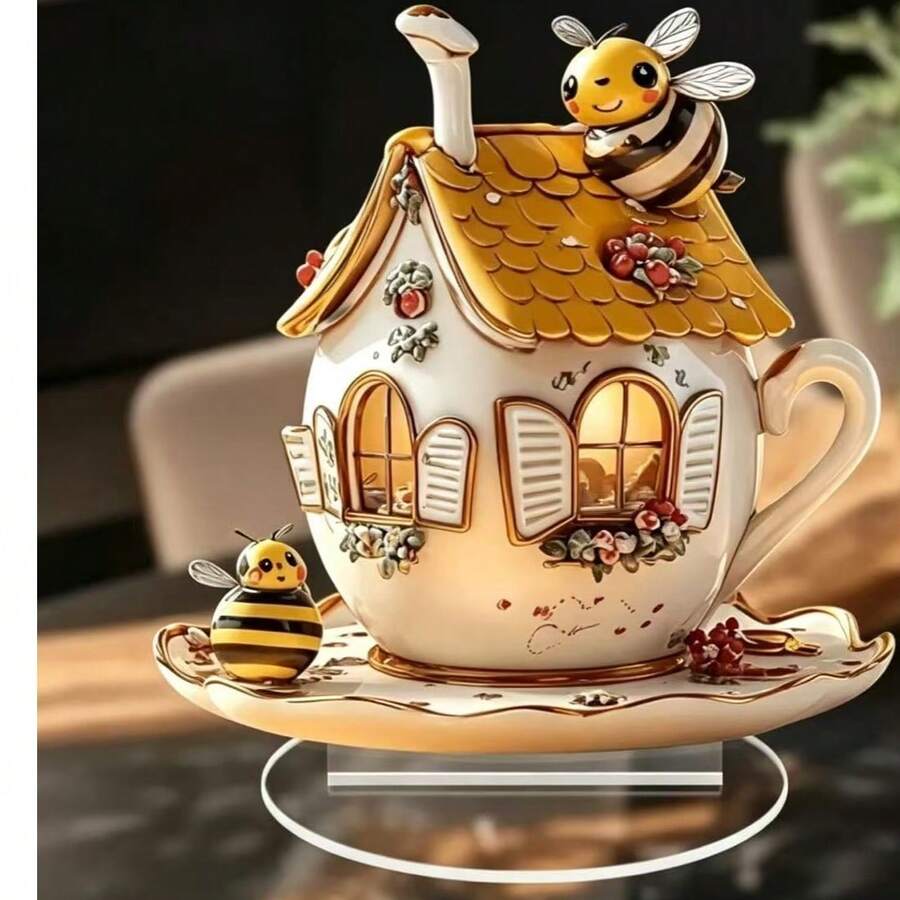 新款跨境蜜蜂水壺屋壓克力裝飾品，居家節日裝飾，平底立式，適合辦公桌擺飾