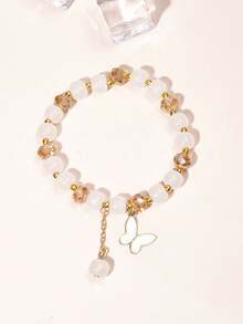 1pc Faux Crystal Bracelet Hand Rope, Crystal Pink Quartz Beaded Bracelet With Luxury Vintage Geometric Pendant, Gift For Women Friends - Butterfly Bracelet - View 10