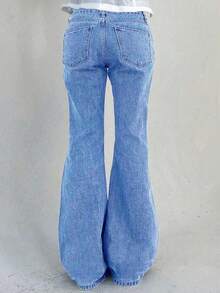 Jeans de cintura alta ajustados con bolsillos y pierna acampanada para adolescentes - Azul - Ver 3