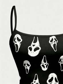 2pcs Women's Halloween Costume, Gothic Dark Style "Scream" Mask Print Nightgown, Summer Sexy Spaghetti Strap Loungewear - Multicolor - View 4