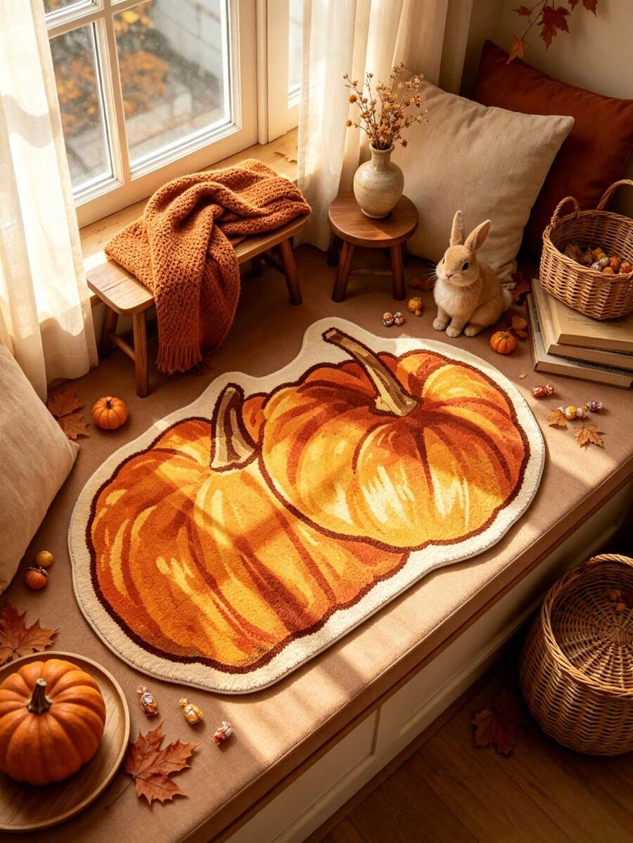 1pc 2-Pumpkin Pattern Rug, Vintage Halloween Style, Halloween, Outdoor Doormat, Kitchen Rug, Home Decor, Area Rug, Garden Rug, Washable Rug - Multicolor - View 1