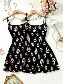 2pcs Women's Halloween Costume, Gothic Dark Style "Scream" Mask Print Nightgown, Summer Sexy Spaghetti Strap Loungewear - Multicolor - View 7