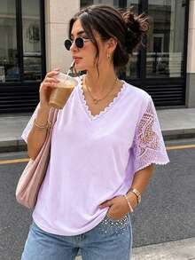 Plus Size Lace Patchwork T-Shirt Casual Summer - Mauve Purple - View 1