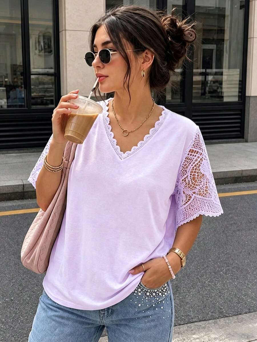 Plus Size Lace Patchwork T-Shirt Casual Summer - Mauve Purple - View 1