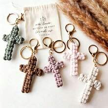 1/5/10pcs Woven Cross Christian Keychain, Unisex, Bohemian Style Jesus Cross Car Bag Pendant - Multicolor - View 1