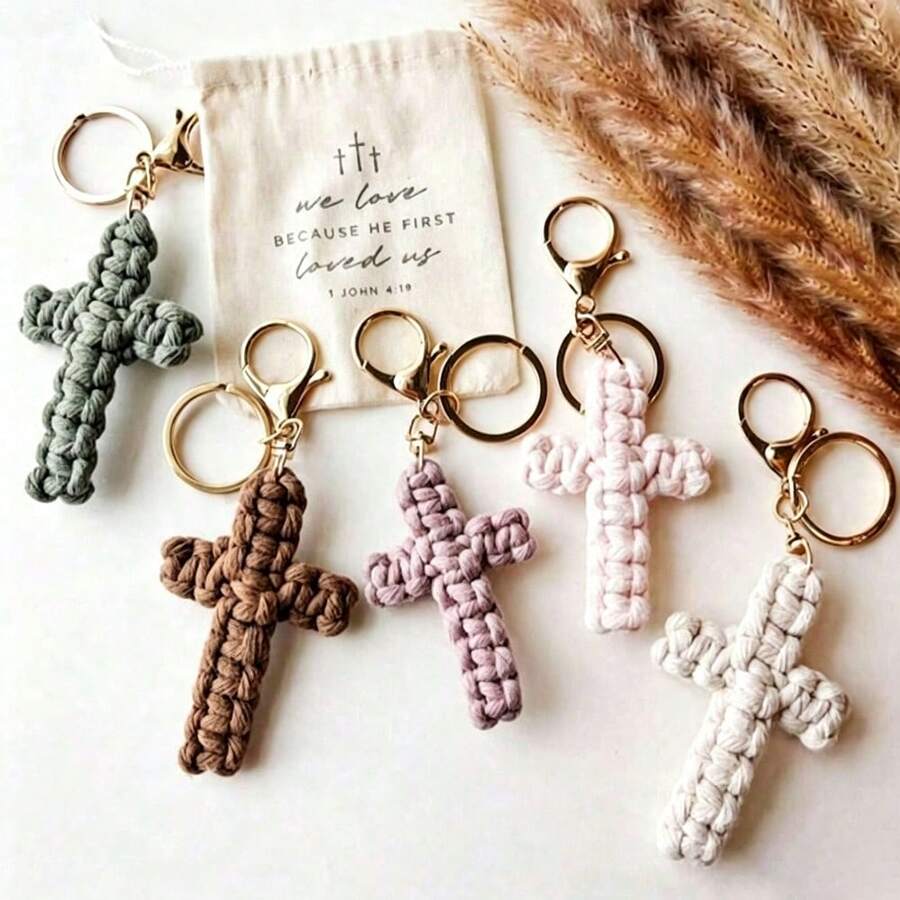 1/5/10pcs Woven Cross Christian Keychain, Unisex, Bohemian Style Jesus Cross Car Bag Pendant - Multicolor - View 1