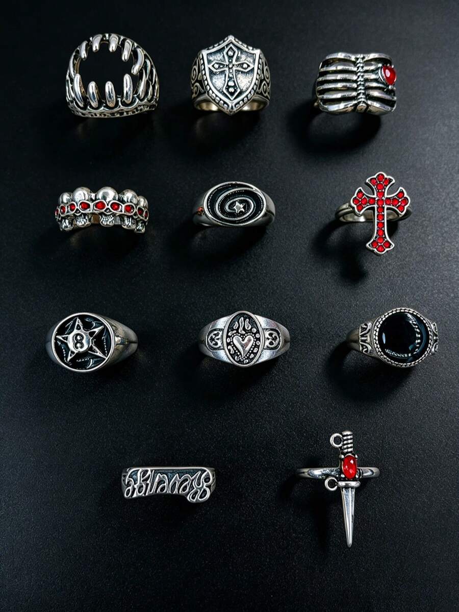 11pcs Gothic Men's Ring Set Punk Hip Hop Multi-Piece Finger Rings Party Vacation Daily Wear Fashion Jewelry Gift Unisex