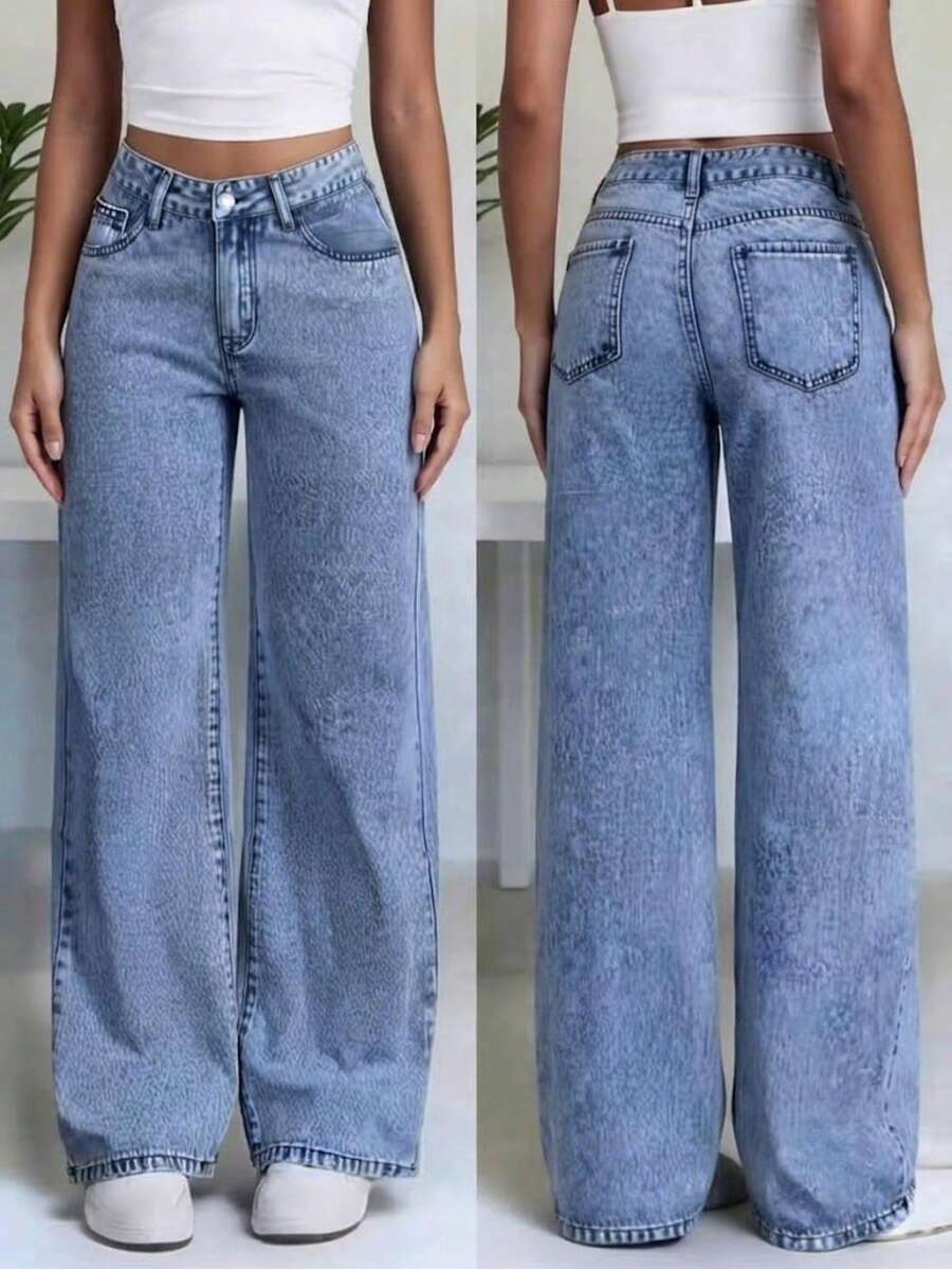 Jeans rectos y sueltos de estilo casual con bolsillos, adecuados para adolescentes - Azul lavado medio - Ver 1