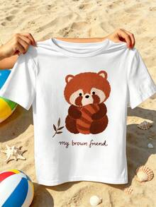 Cute Red Panda Graphic Tee, Spring, Crew Neck, Relaxed Fit, Hip-Hop Street Style, Comfortable Fit, Unique Graphic Print - White - View 2