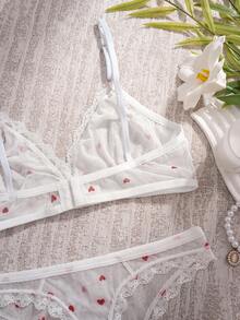 Heart Print Lace Trim Mesh Lingerie Set, Adjustable Straps Back Hook Bra & Brief Panty - White - View 9