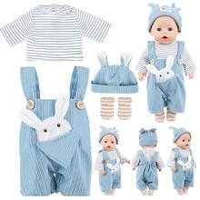 4pcs 16-18in Children's Doll Rabbit Theme Outfit, Striped Top + Rabbit Ear Overalls + Hat + Socks, Playful Dress-Up Clothes, Ideal Birthday Gift For Kids (Doll Not Included) - Multicolor - View 7