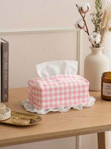 1Pc Tissue Box Cover & Fabric Napkin Holder, Plaid Lace Edge Cute Tissue Storage Box, Aesthetic Decorative Organizer For Bathroom Bedroom Living Room Car Office, Home Room Decor Supplies - View 7