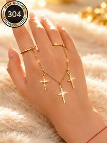 ZCNC 304 Stainless Steel 18K Gold Plated Cross Chain Ring Set, Women's Style, Minimalist Luxury Plain Band Ring Set, Hypoallergenic, Fashion Jewelry, Perfect Christmas Gift, Travel & Vacation Accessory - Gold - View 3