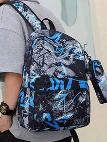 Men's 2-Piece Graffiti-Print Nylon Backpack And Crossbody Bag Set, Street Style, Suitable For Teenage Boys To Go To School (Back-To-School Backpack). - Blue - View 5