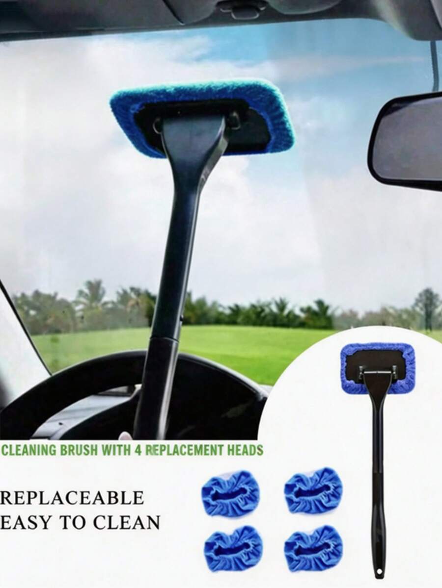 Durable Long Handle Car Windshield Cleaner, Easily Protect And Polish Glass, Includes 4 Replacement Cloths