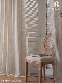 Bubaba Bohemian Style Linen Texture Semi-Sheer Curtains With Ruffle Trim, Beige Striped Semi-Transparent Curtain Fabric, Suitable For Living Room And Bedroom, Rod Pocket Farmhouse Style Curtains - Beige - View 9
