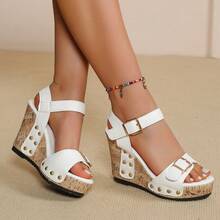 Women's Platform Wedge Sandals, Open Toe Double Buckle Sandals With Rivets, Cork Bottom Casual Summer Chunky Heel Shoes - White - View 4
