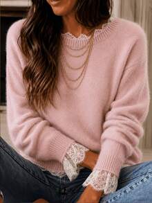 Women's Soft Pastel Pink Mixed Color Lace Trim Knitted Sweater, Loose Lazy Fit Contrast Lace Round Neck Soft Long Sleeve Top, Moderate Thickness, Suitable For Spring Single Wear, Autumn Layering, Winter Inner Layer, Three Seasons Versatile - Pink - View 3