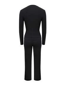 LovelyWholesale Women Solid Crew Neck Long Sleeve Crop Top High Waist Side Color Block Stripe Flared Leg Pants Matching Set, Stretch Casual Workout Outfit - Black - View 5