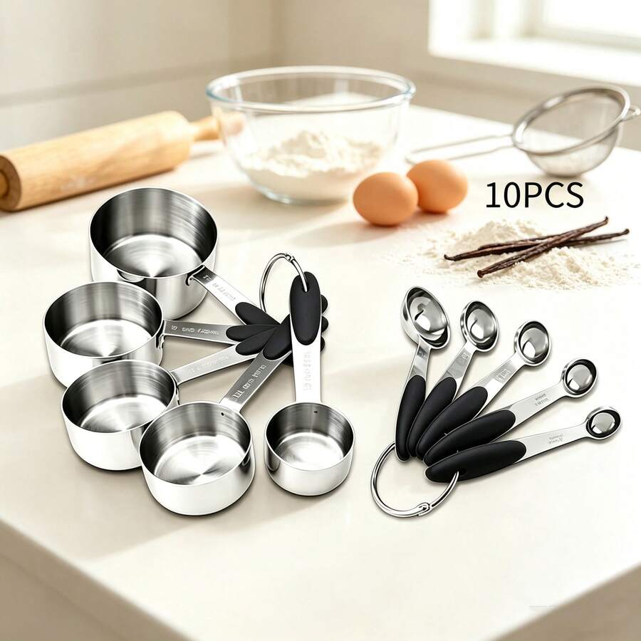 Black Silicone Handle Measuring Cup And Spoon With Clear Markings, Suitable For Dry Or Liquid Ingredients, Cooking Accessories, Baking Essentials, Modern Kitchen Tools, Kitchen Utensils, High-Quality Spoon, Dry Ingredient Spoon - Black - View 1