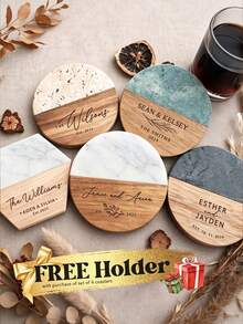Customized Engraved Marble Pattern Wooden Coasters Set, Personalized Gift Coasters, Housewarming Gift, Wedding Gift, Anniversary Gift, Durable, Decorative, Reusable, Multi-Functional, Stylish, High Quality, Customizable, Personalized, Unique, Ideal Gift For Him, Ideal Gift For Her - Multicolor - View 1