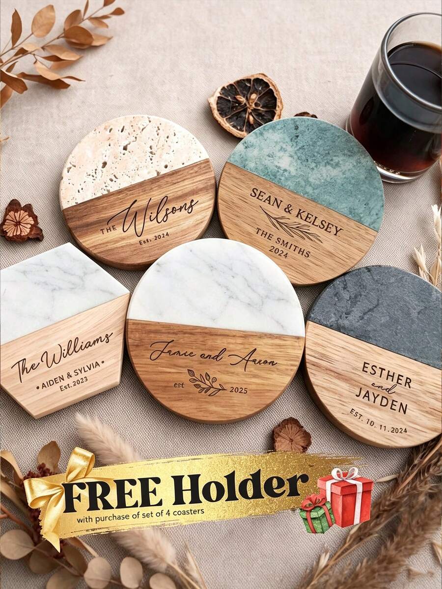 Customized Engraved Marble Pattern Wooden Coasters Set, Personalized Gift Coasters, Housewarming Gift, Wedding Gift, Anniversary Gift, Durable, Decorative, Reusable, Multi-Functional, Stylish, High Quality, Customizable, Personalized, Unique, Ideal Gift For Him, Ideal Gift For Her - Multicolor - View 1