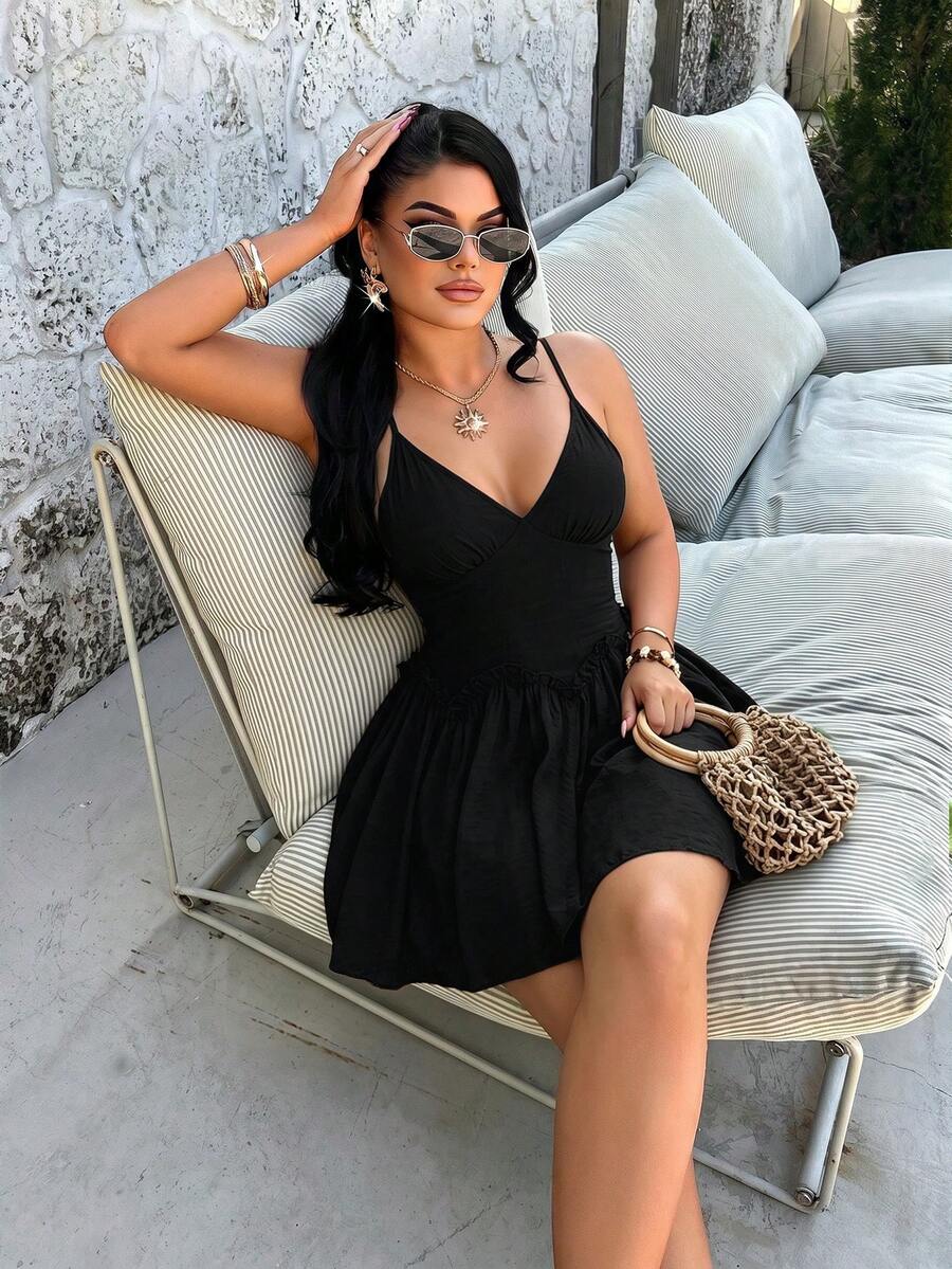 AIJ Black V-Neck Spaghetti Strap Mini Dress, Ruched Ruffle High Waist A-Line Bodycon Dress, Women's Party Back To School Casual Outing Elegant Style - Black - View 1